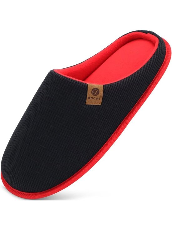 Mens Black And Red Cushion Foam Shake Fleece Faux Fur Lining House Slipper Shoes main image 2